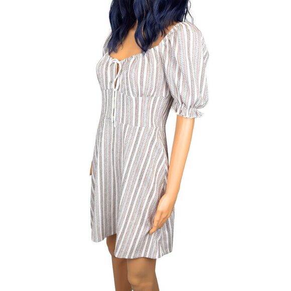 TOPSHOP Textured Stripe Puff Sleeve Milkmaid Stretchy Mini Dress 10 Medium - Picture 4 of 6